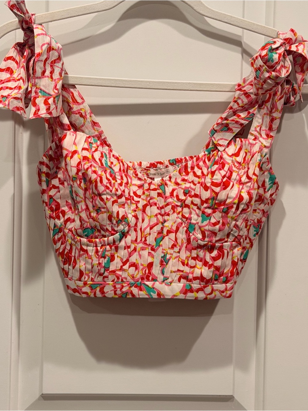 Poupette St. Barth Red, Pink and Aqua Smocked Tie-Shoulder Crop Top